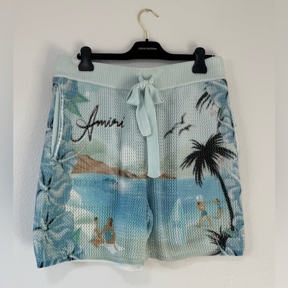 Amiri Paradise Crochet Knit Shorts Blue Tropical Beach Print NWT Size XL